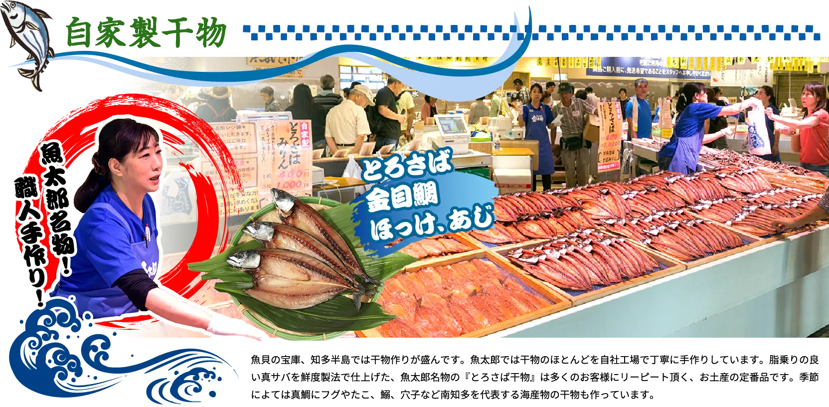 自家製干物 魚貝の宝庫、知多半島では干物作りが盛んです。魚太郎では干物のほとんどを自社工場で丁寧に手作りしています。脂乗りの良い真サバを鮮度製法で仕上げた、魚太郎名物の『とろさば干物』は多くのお客様にリーピート頂く、お土産の定番品です。季節によては真鯛にフグやたこ、鰯、穴子など南知多を代表する海産物の干物も作っています。